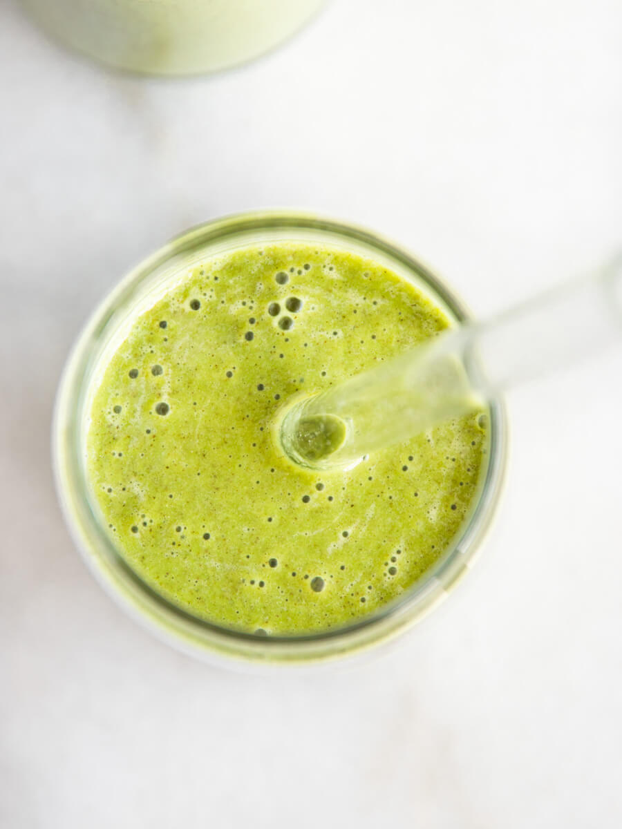 A glass of morning green smoothie.