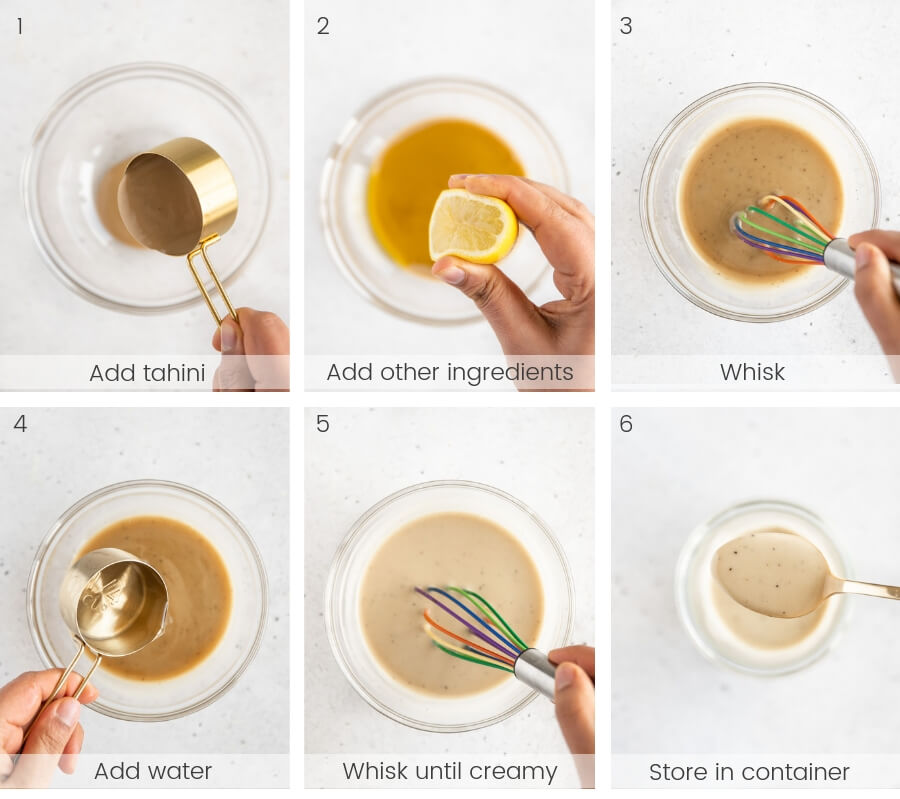 Step-by-step instructions on how to make homemade lemon tahini dressing.