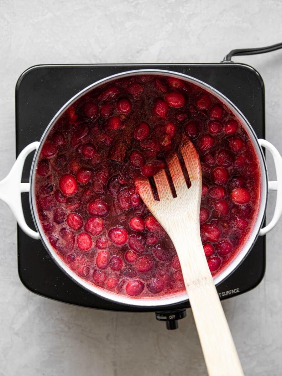 Cooked cranberry sauce in pot