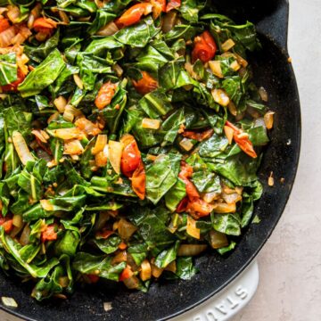 A pan of cooked vegan collard greens.