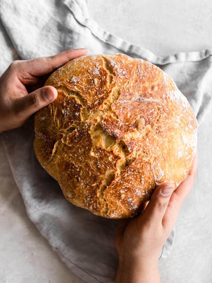 Hands holding baked bread.