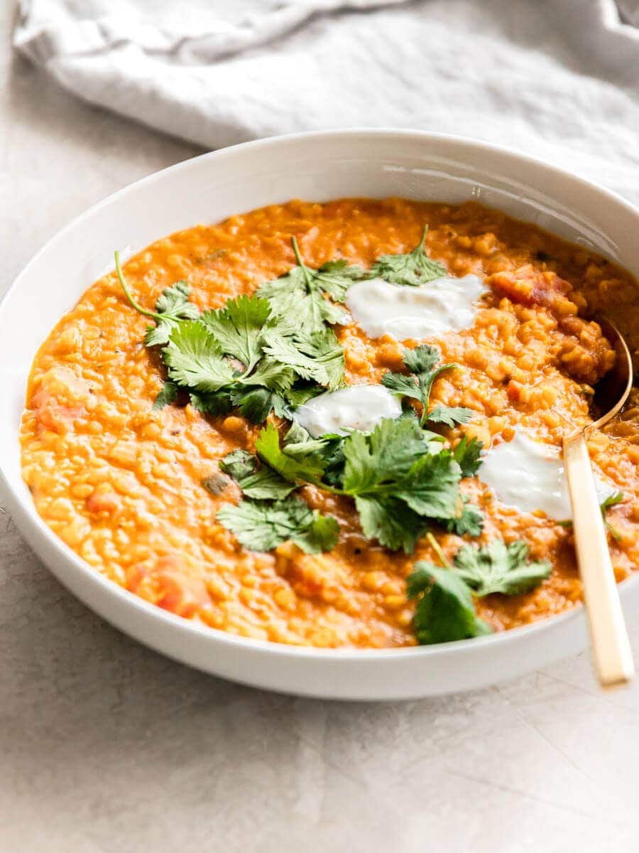 Close-up of red lentil curry.