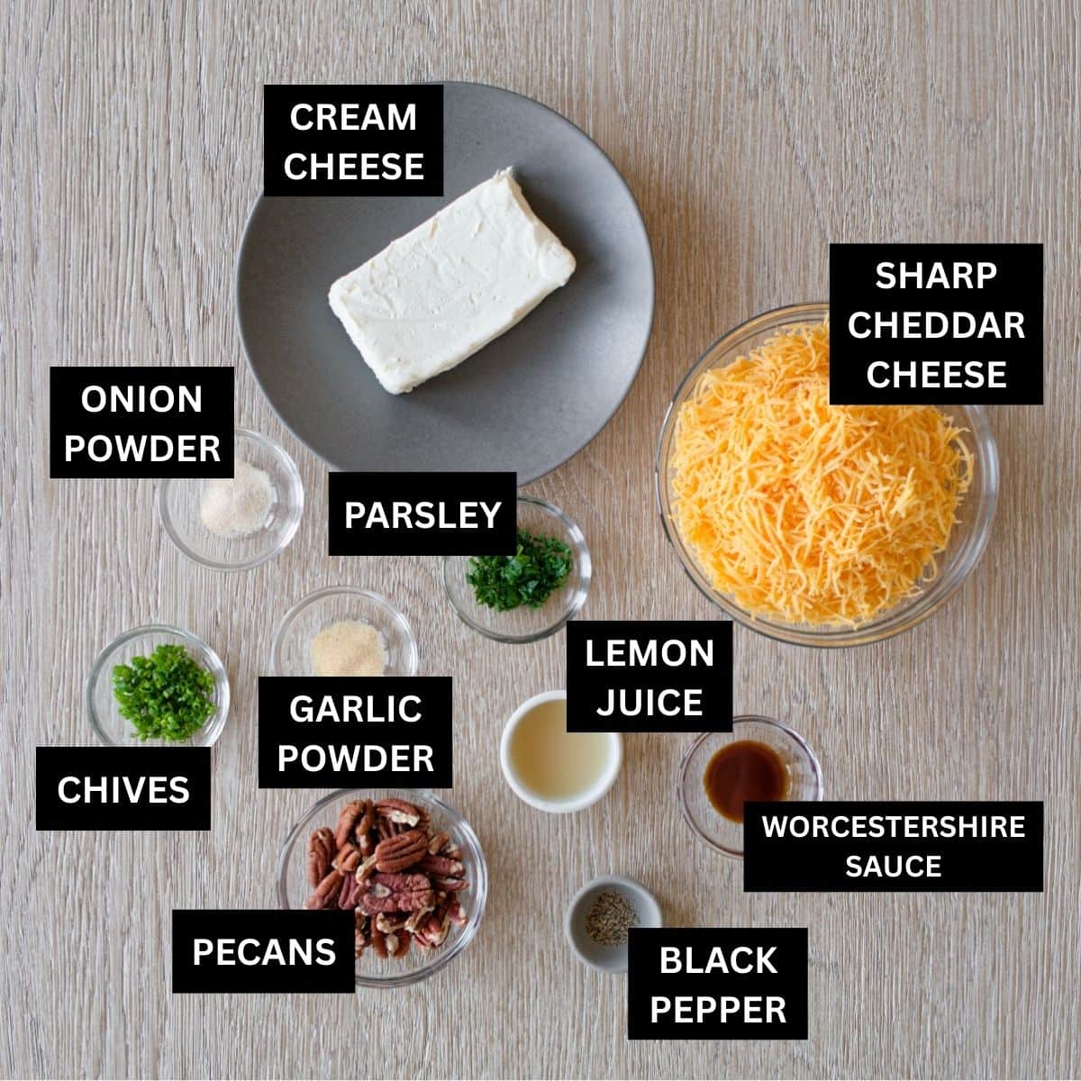 Cheese ball ingredients on table.