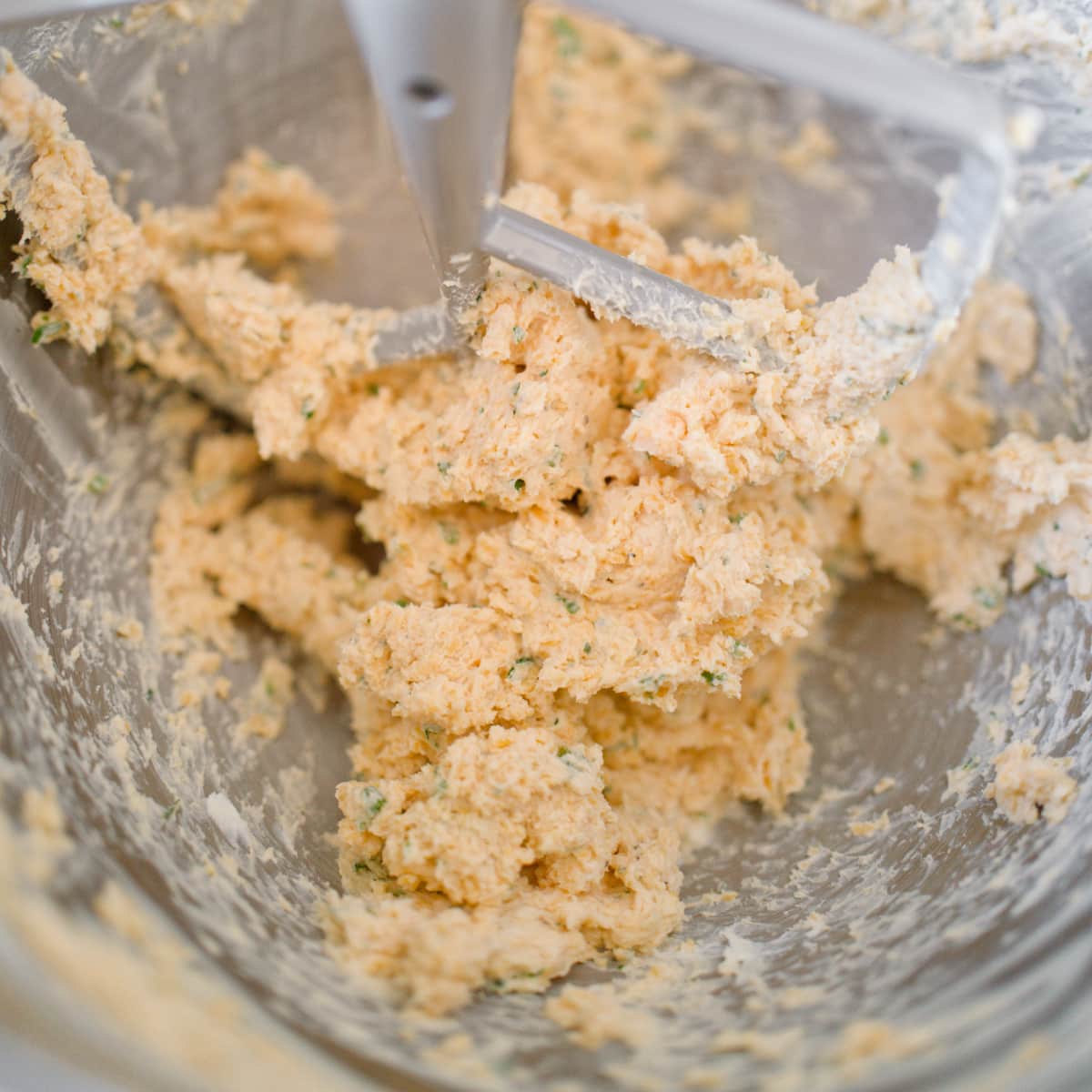 Cheese ball mixture in stand mixer.