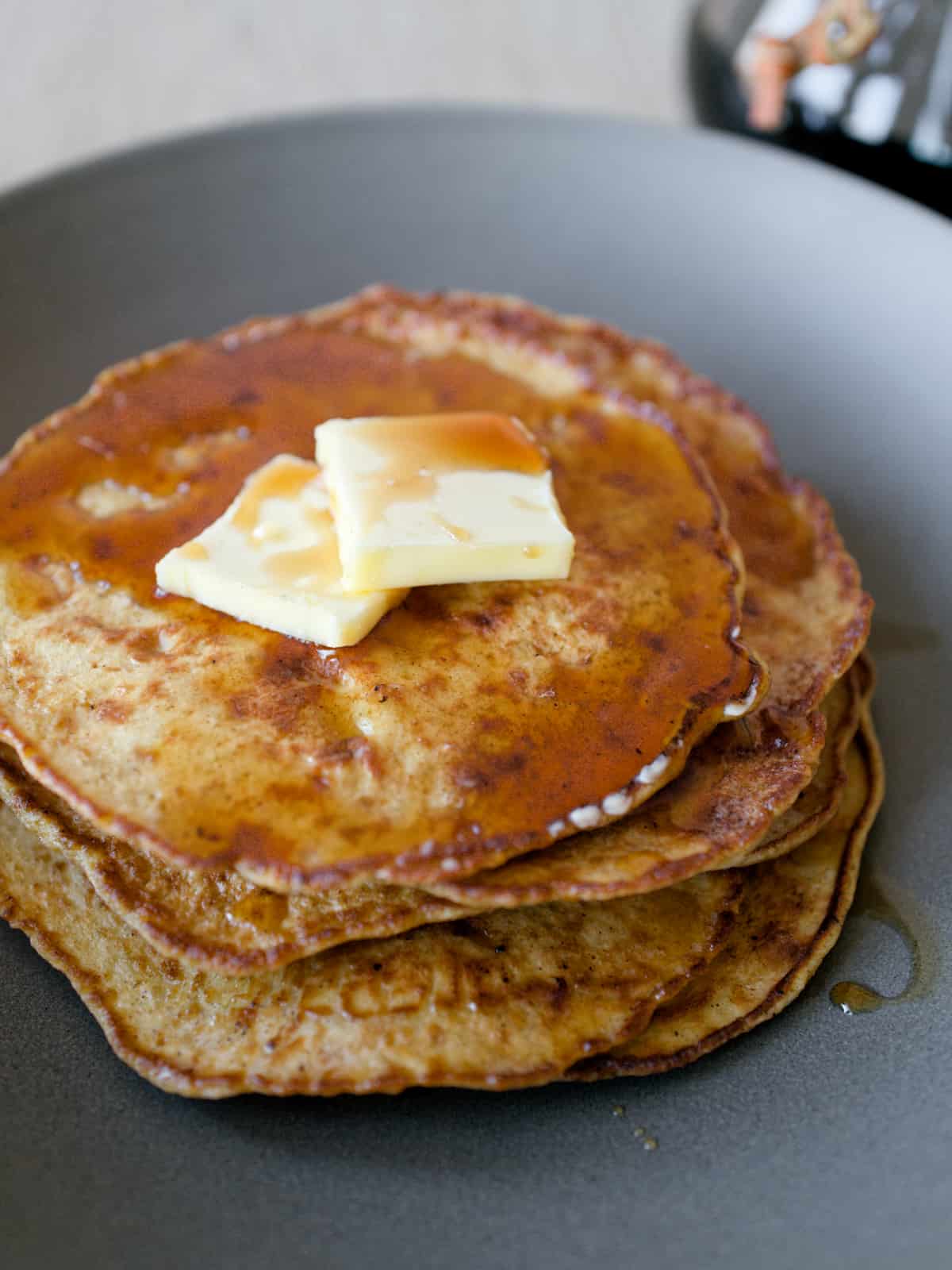 Close-up of banana pancake stack.