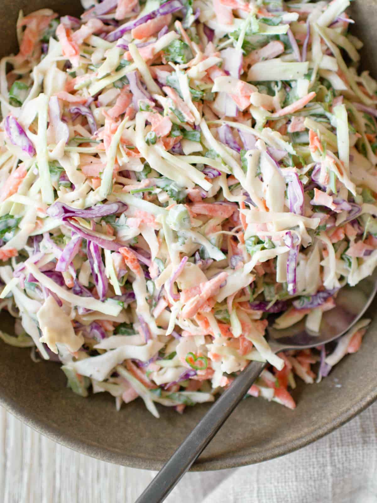 Close-up of taco slaw in bowl.