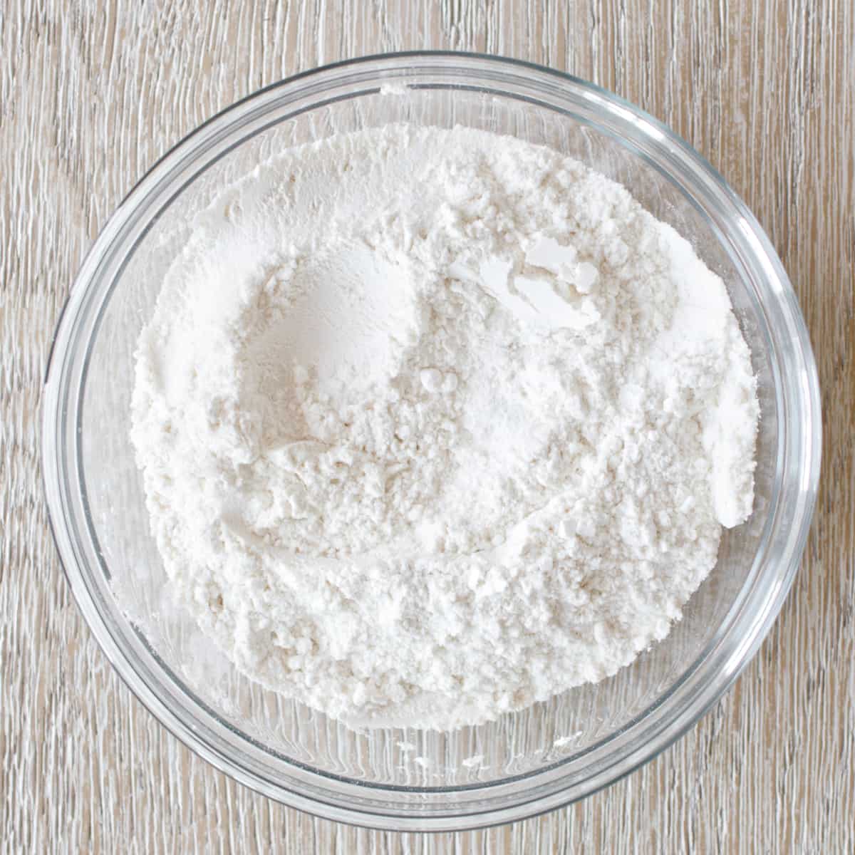 Flour, salt, and baking soda mixed in large bowl.