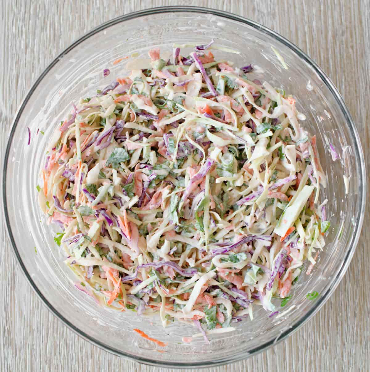 Prepared taco slaw in large bowl.