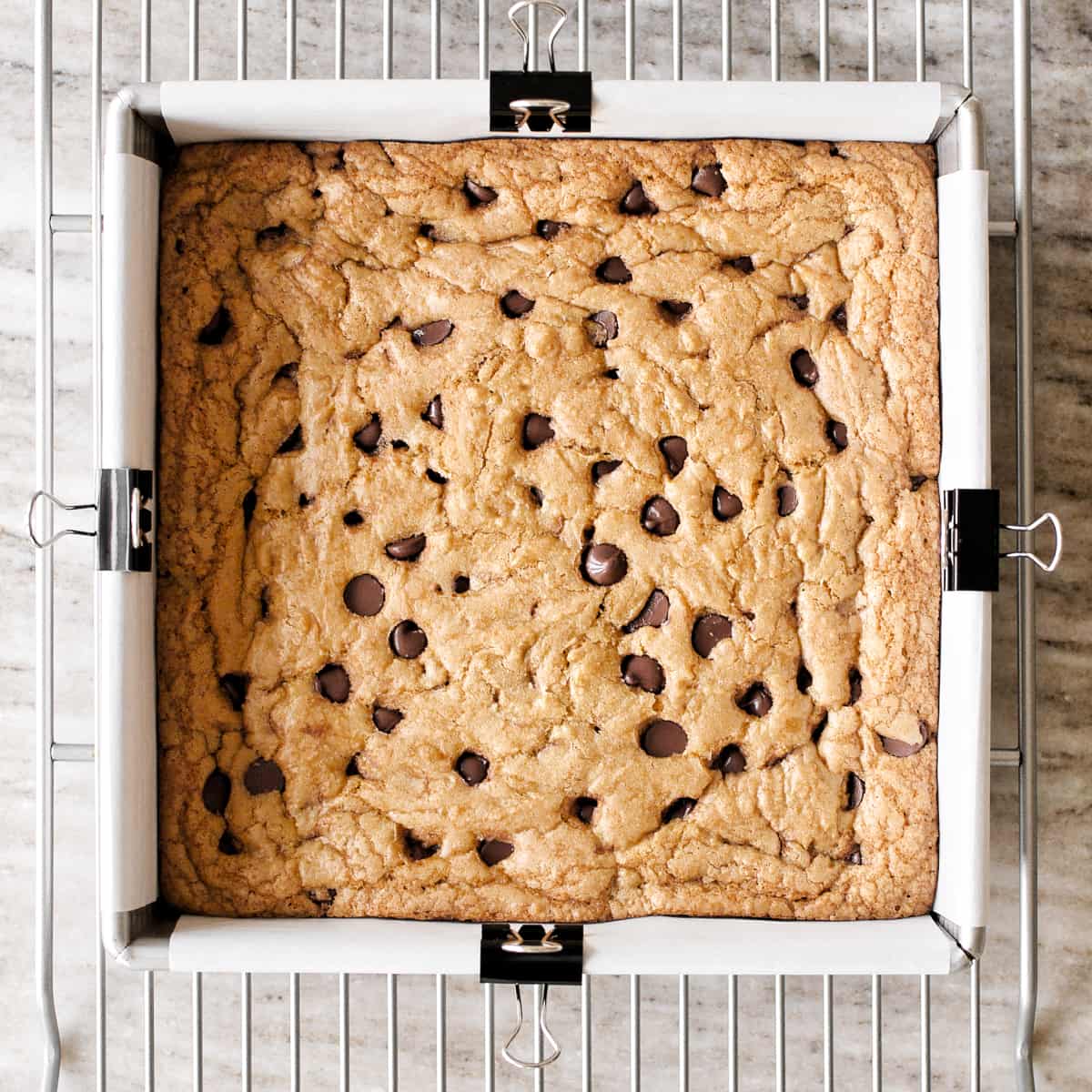 Baked chocolate chip cookie bars.