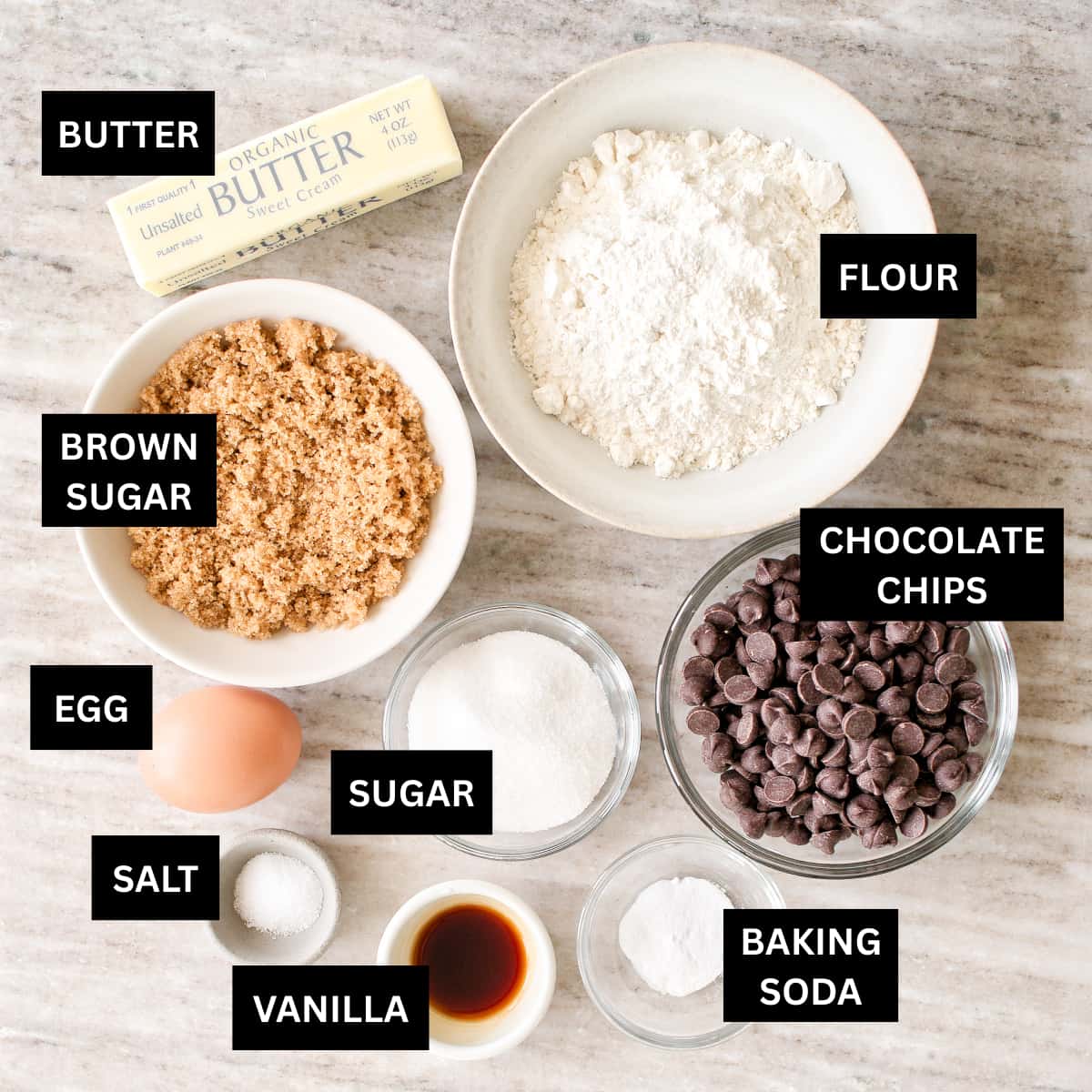 Ingredients for chocolate chip cookie bars.