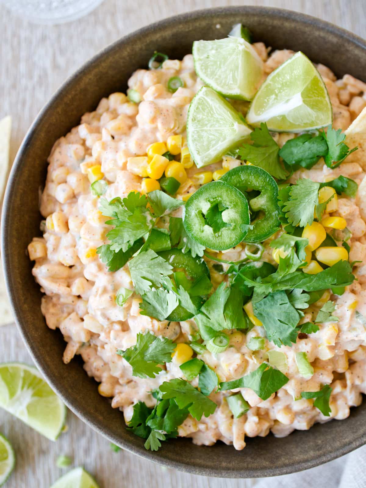 Close-up of corn dip in a bowl.