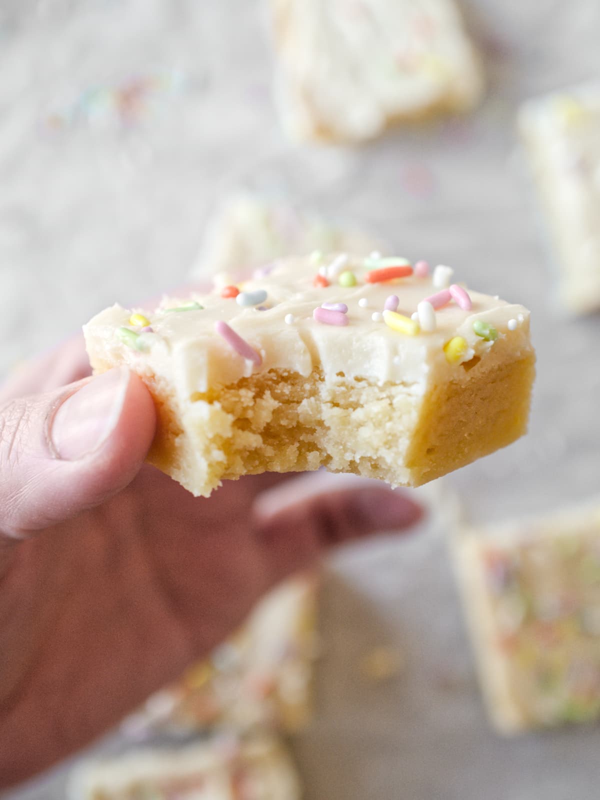 Hand holding a sugar cookie bar.