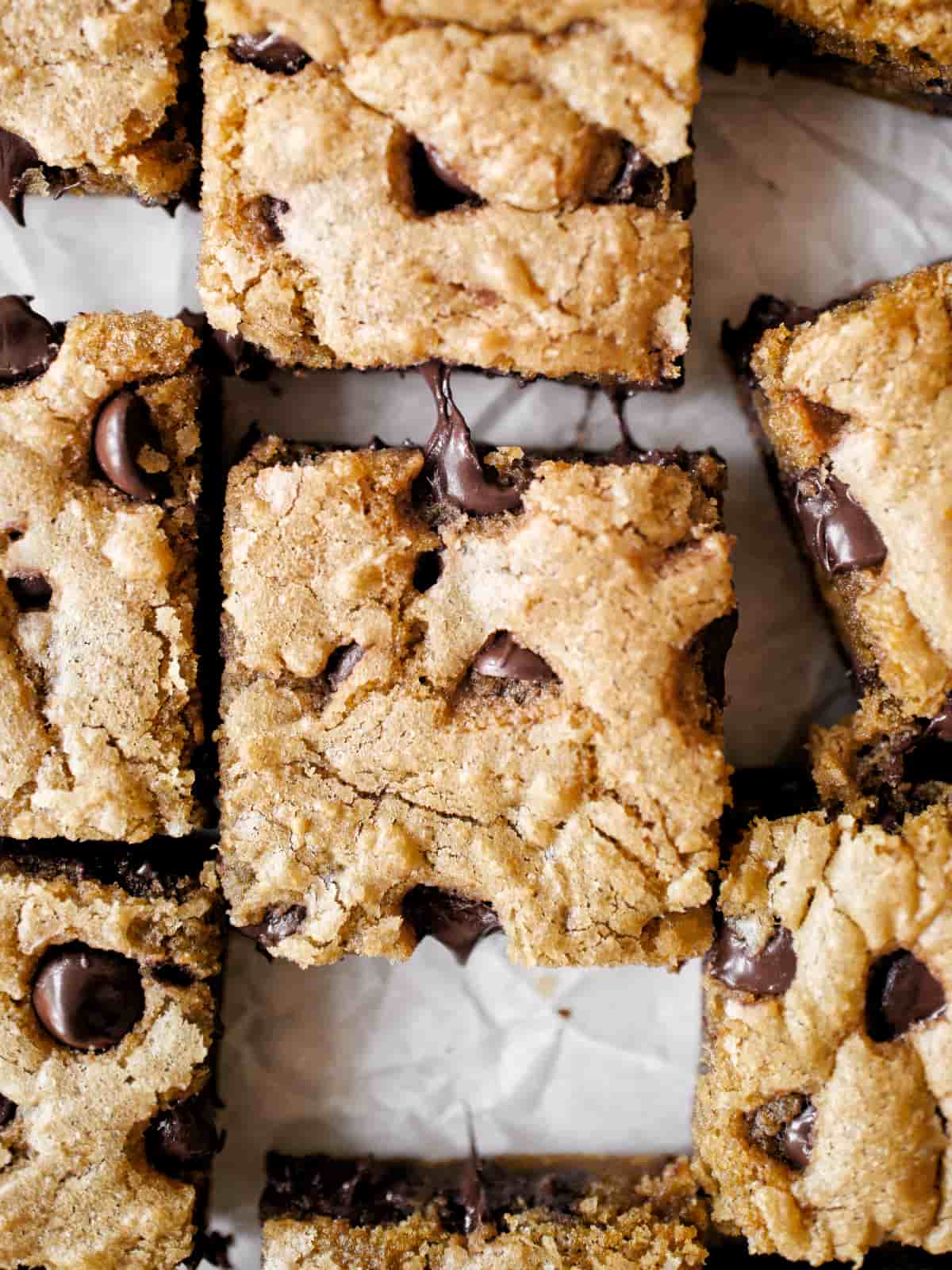 Close-up of chocolate chip cookie bars.