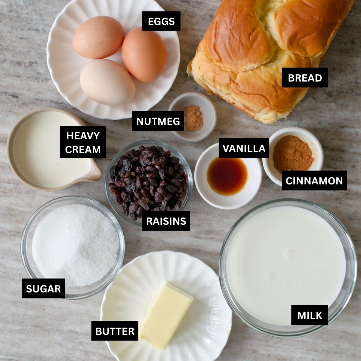 Ingredients for bread and butter pudding.