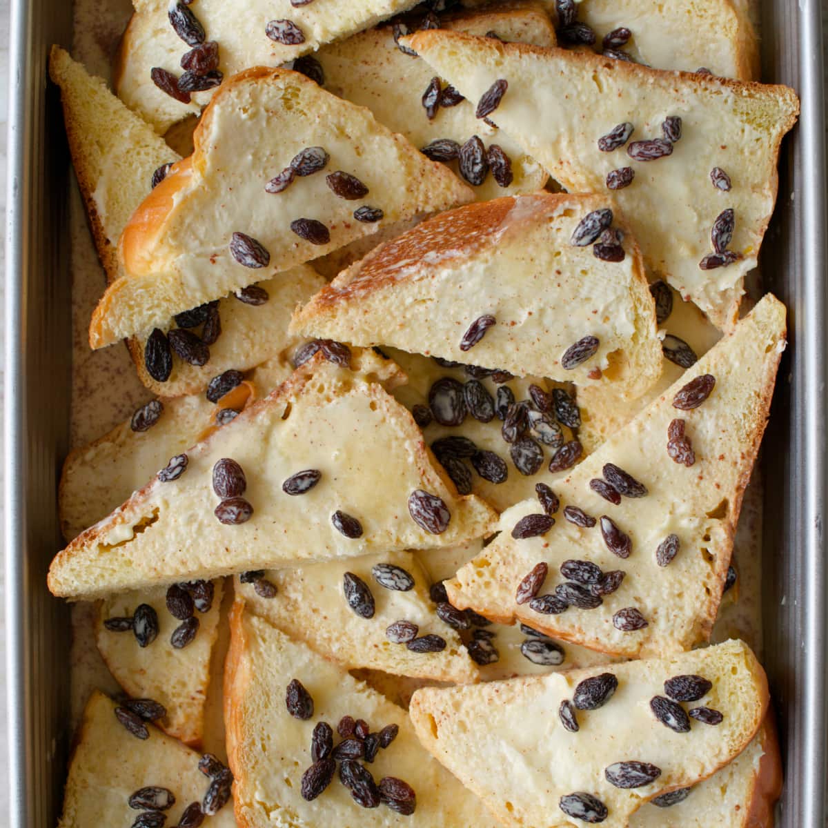 Buttered slices of bread soaked in custard.