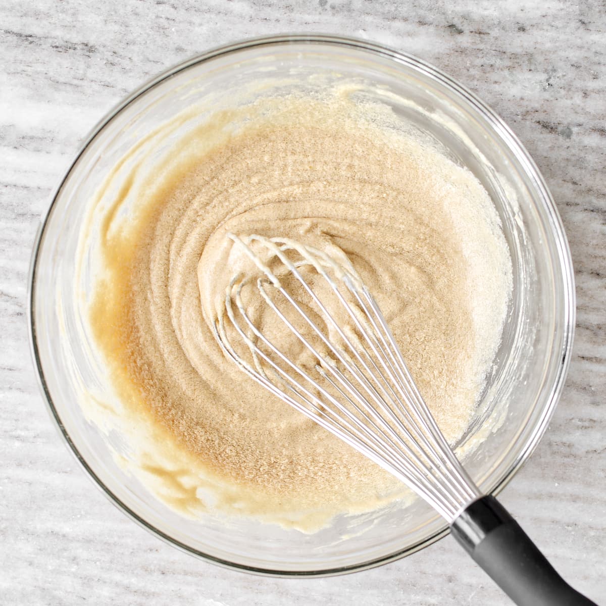 Wet ingredients whisked in large mixing bowl.